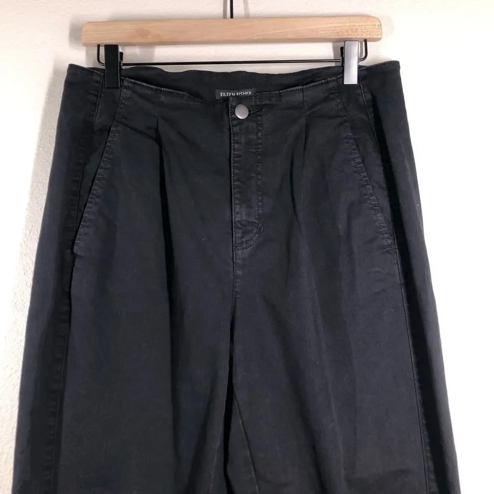 Eileen Fisher Pleated Tapered Jeans Black Denim Organic Cotton Barrel Leg 10